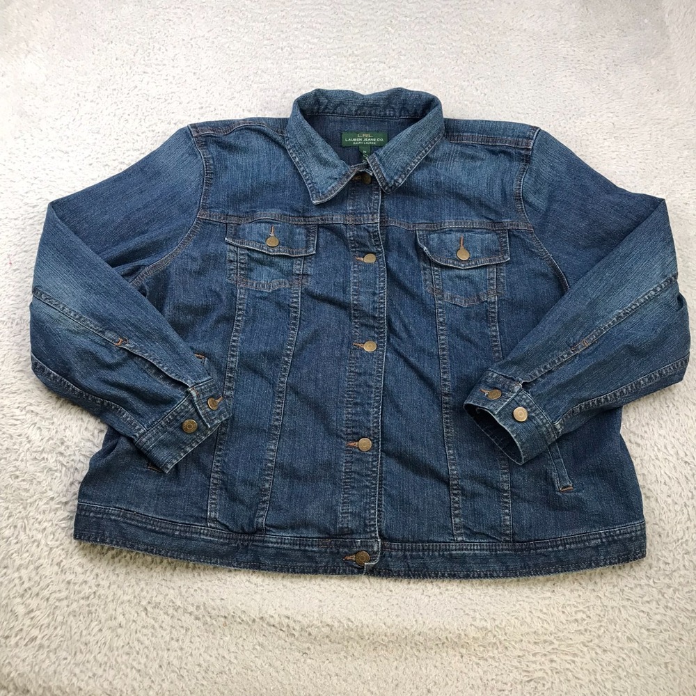 LRL Ralph Lauren Jean Jacket Womens 2X Blue Stretch Denim‎ Trucker Coat *Flaw